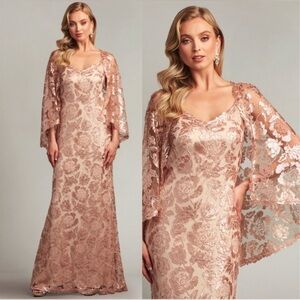 Tadashi Shoji Dorine Sequin Embroidered Cape Gown in Blush Rose Gold size 2